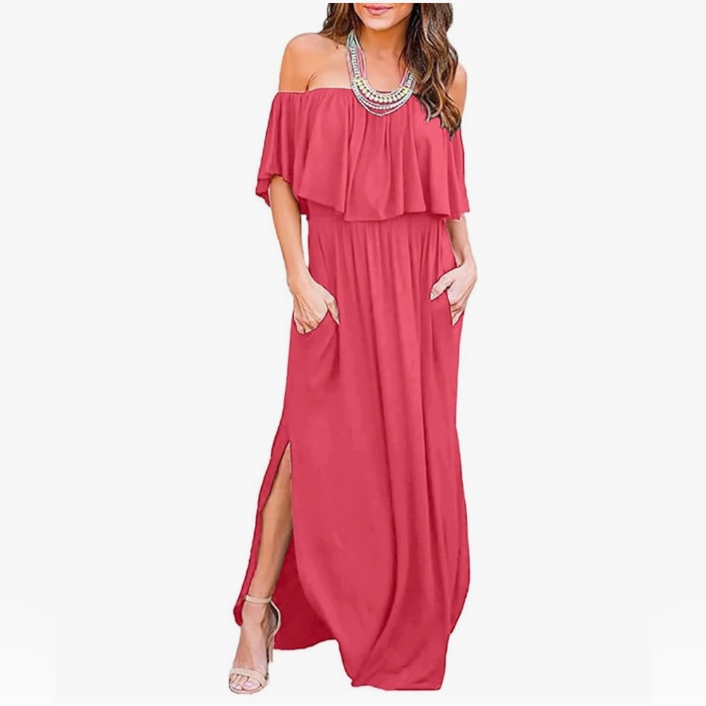 Off-Shoulder Pink Maxi Dress with pockets. (Never Worn)